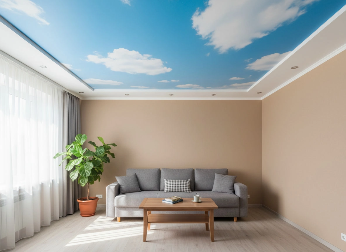 Фотопечать на натяжном потолке: голубое небо с облаками