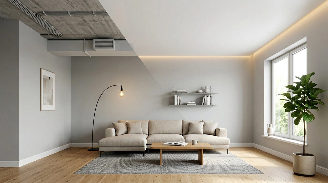 Маскировка электропроводки и труб под натяжным потолком в Ярославле