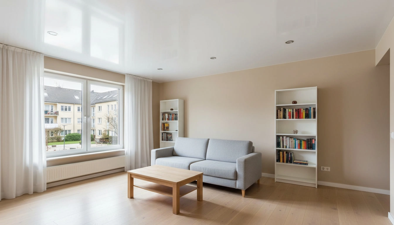 Сатиновый натяжной потолок в интерьере гостиной в Ярославле